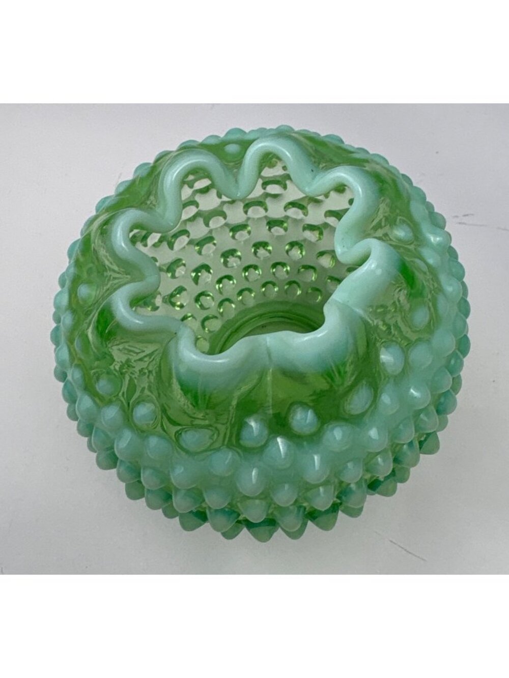 Fenton Green Opalescent Hobnail Vase Ruffled Edge Vintage Elegant Collectible De - Picture 4 of 11